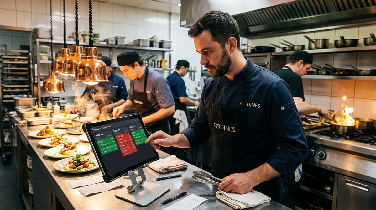 Chef managing multi-course KOT tickets on a live digital kitchen display screen