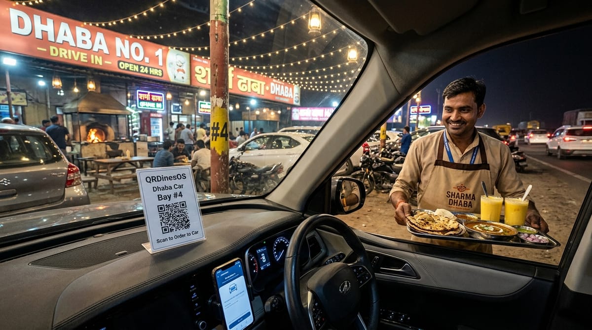 Highway dhaba drive-in parking bay with weatherproof car QR code stands