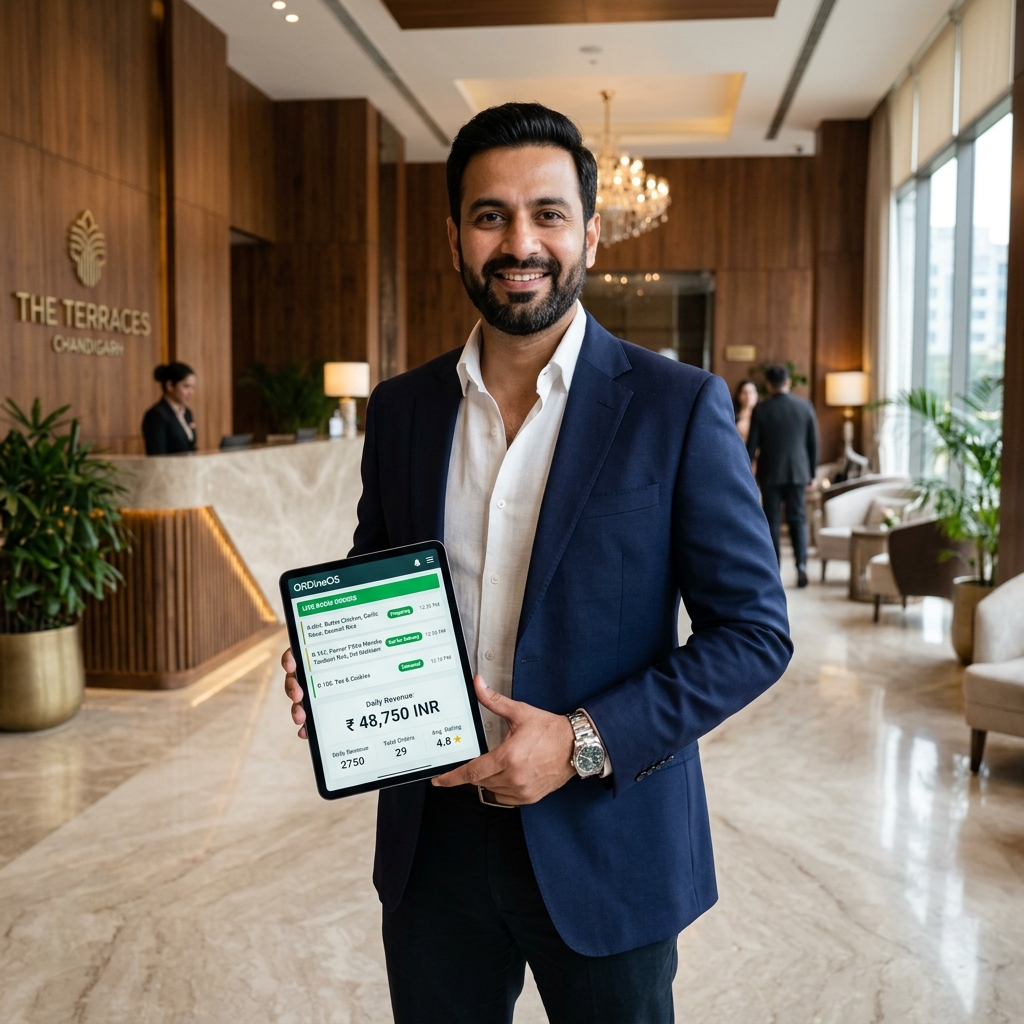 North Indian hotel owner in Chandigarh lobby holding tablet displaying live QRDineOS room orders and F&B revenue