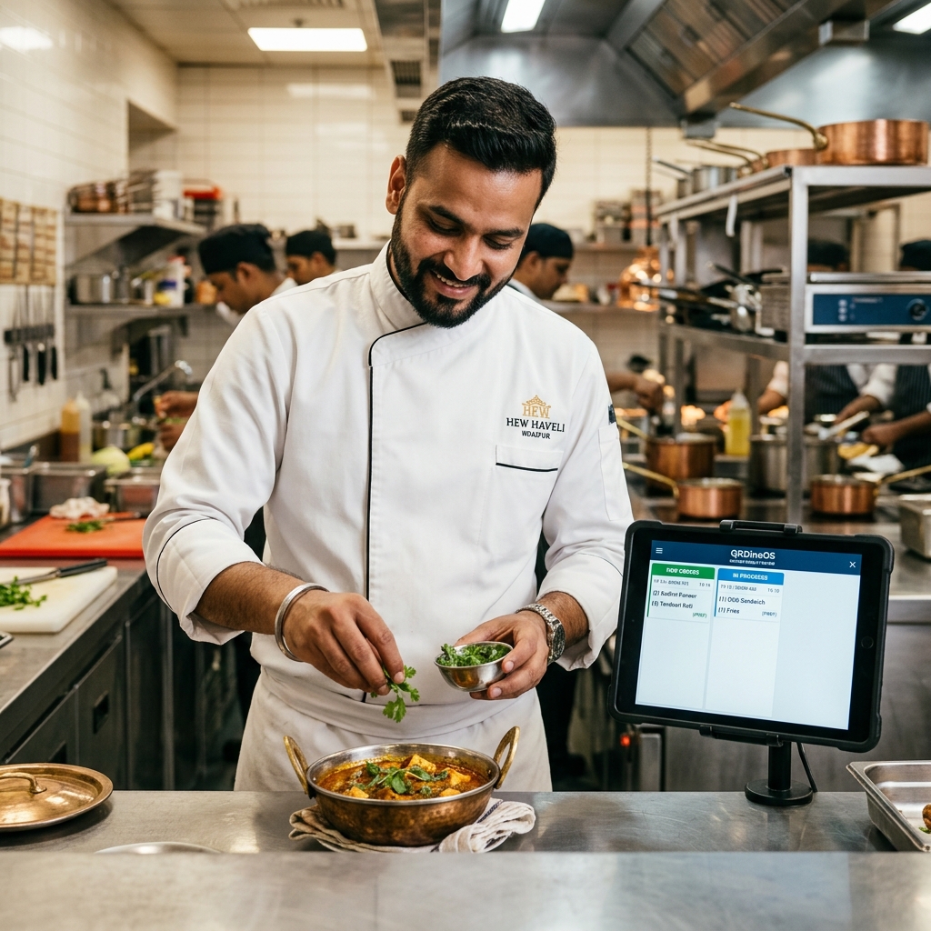 Indian head chef in hotel kitchen garnishing handi dish next to mounted tablet showing digital room order tickets on KDS screen