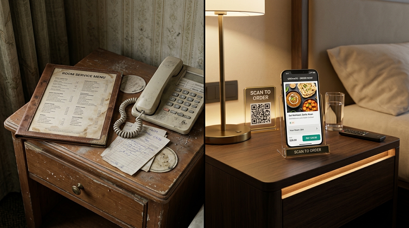 Split screen comparing outdated stained hotel room service booklet and intercom phone against modern crystal bedside QR stand
