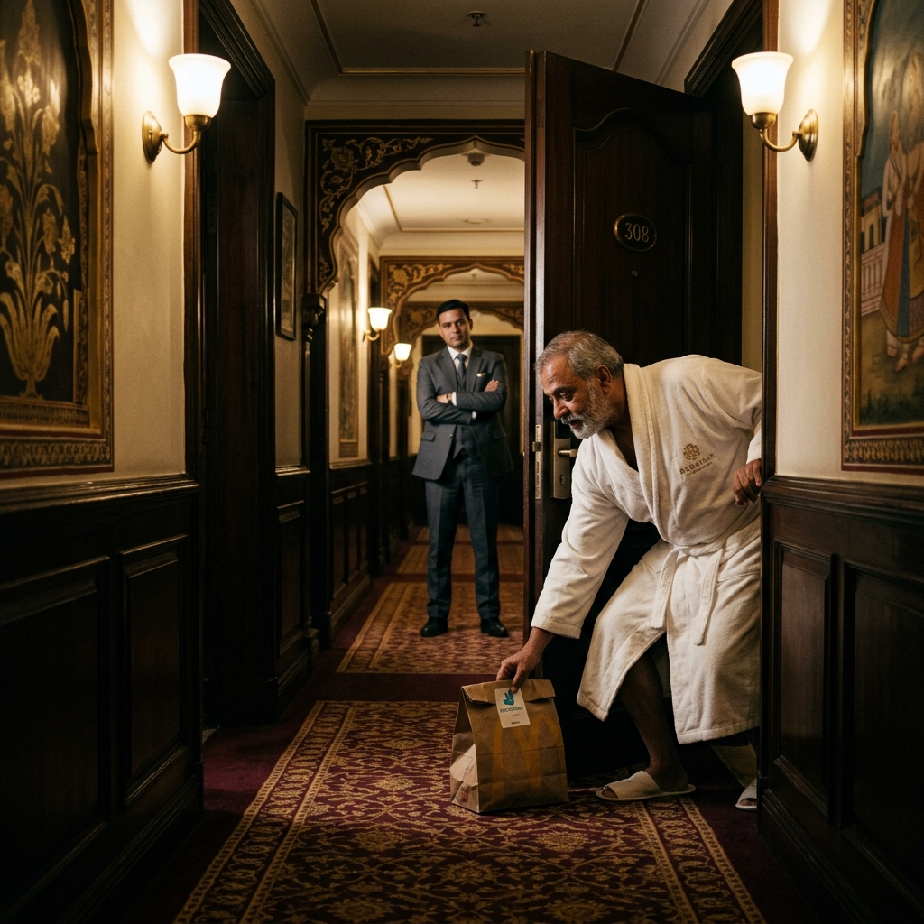 Luxury hotel hallway with guest picking up outside food delivery paper bag from carpet while duty manager looks on