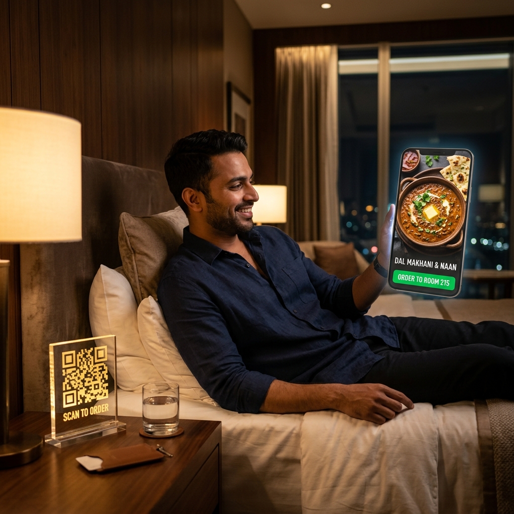 Hotel guest in executive suite relaxing in bed reviewing visual menu of Dal Makhani on smartphone with bedside QR stand